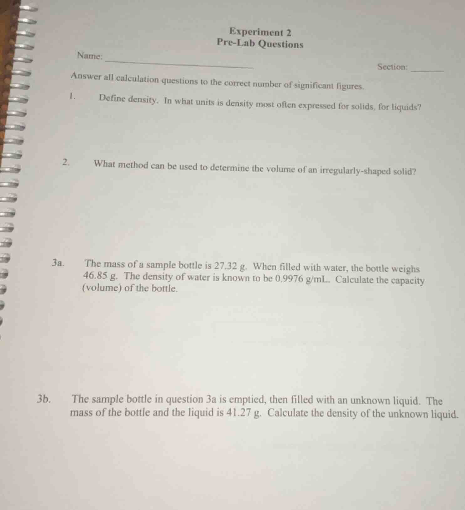 experiment 2 pre - lab questions name: section: answer all calculation …
