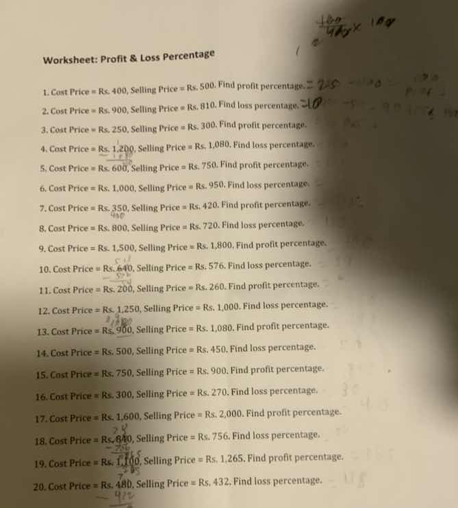 worksheet: profit & loss percentage 1. cost price = rs. 400, selling pr…