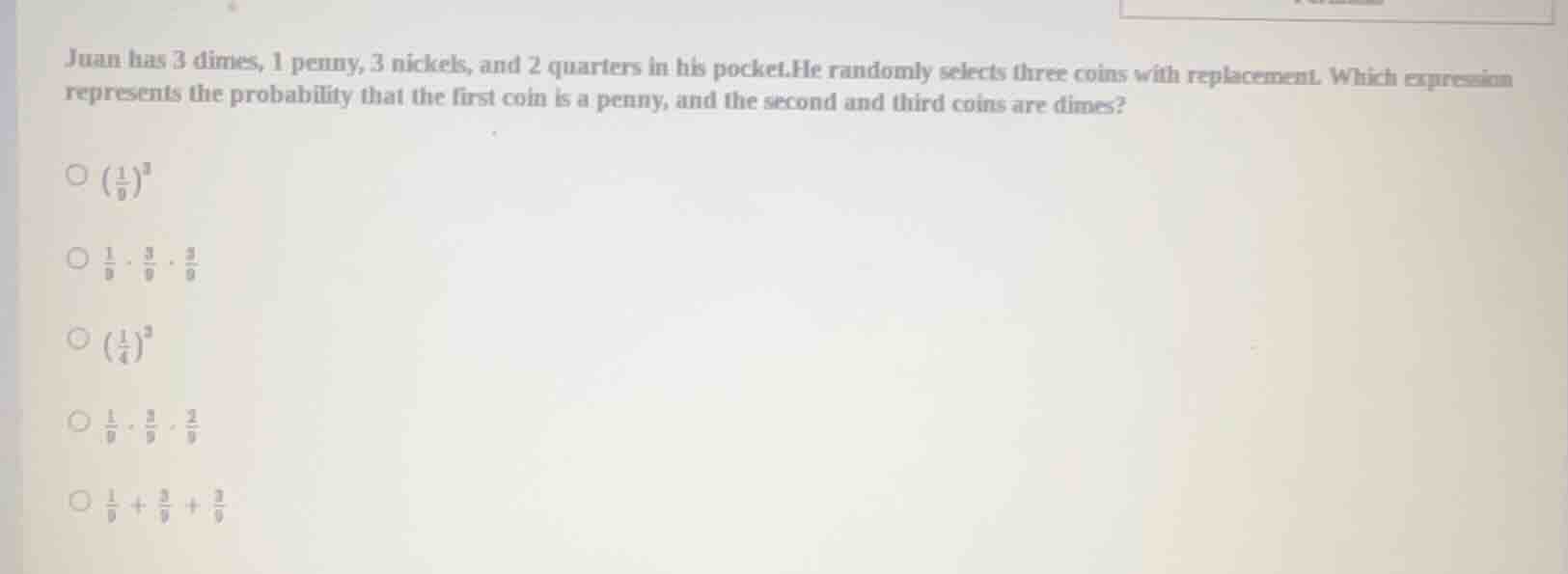 juan has 3 dimes, 1 penny, 3 nickels, and 2 quarters in his pocket. he …