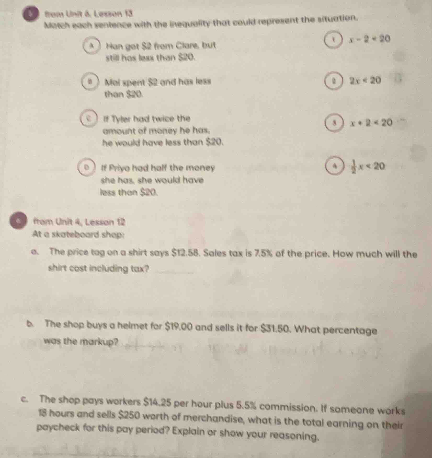 from unit 4, lesson 13 match each sentence with the inequality that cou…