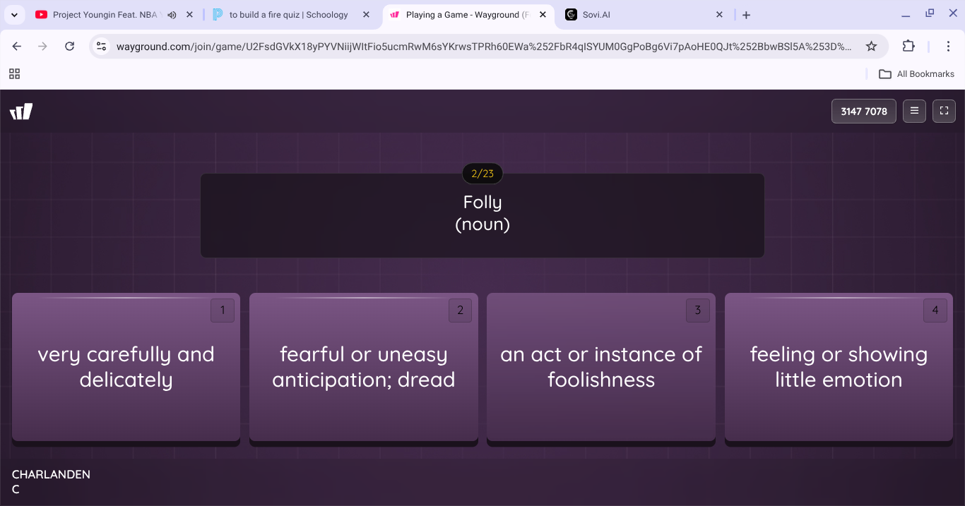folly (noun) 1 very carefully and delicately 2 fearful or uneasy antici…