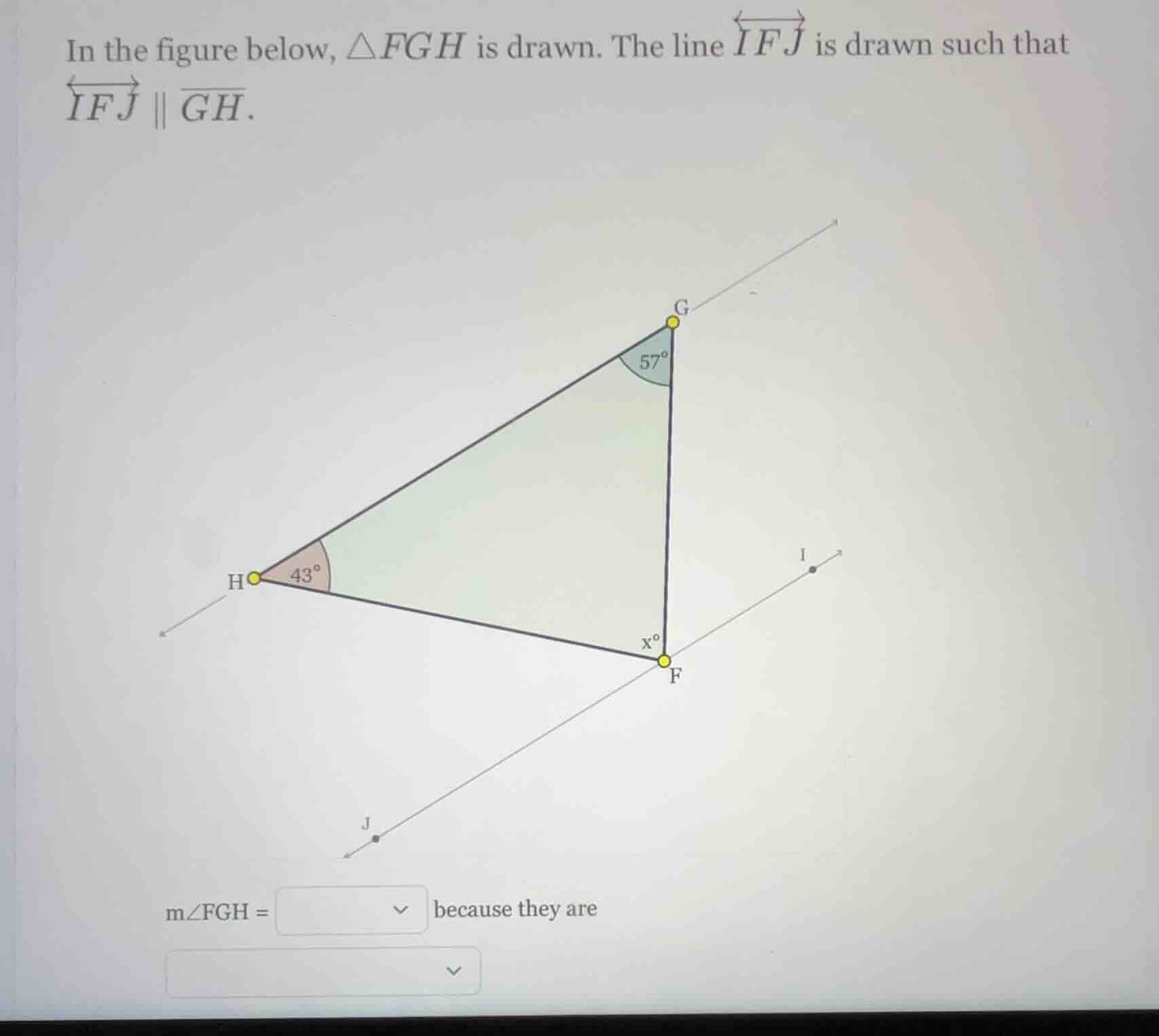in the figure below, $\\triangle fgh$ is drawn. the line $\\overleftrig…