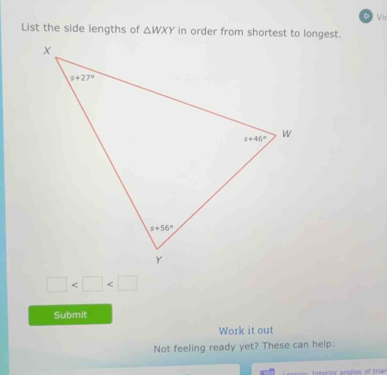 list the side lengths of $\\triangle wxy$ in order from shortest to lon…