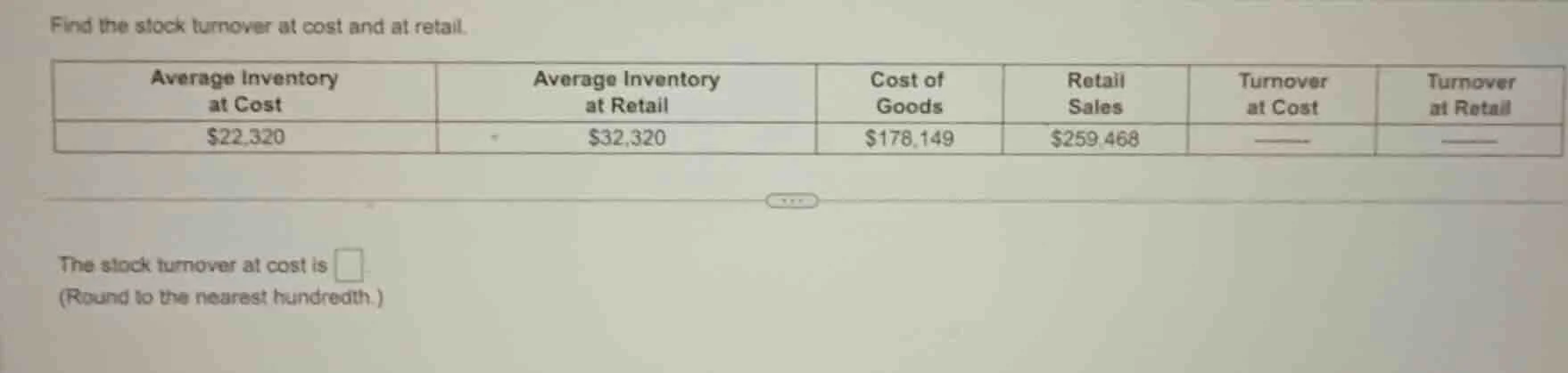 find the stock turnover at cost and at retail. | average inventory at c…