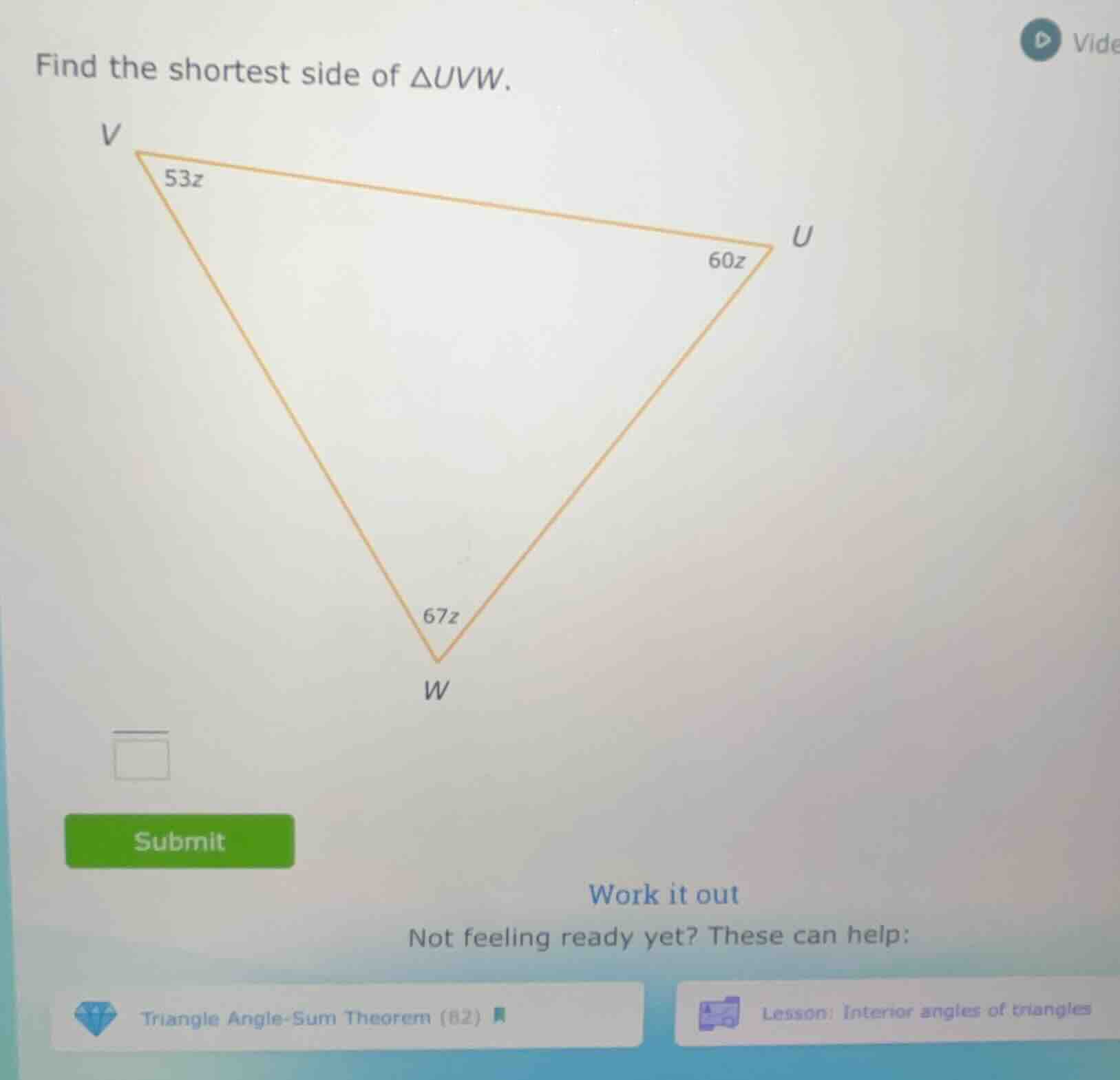find the shortest side of $\\triangle uvw$.
