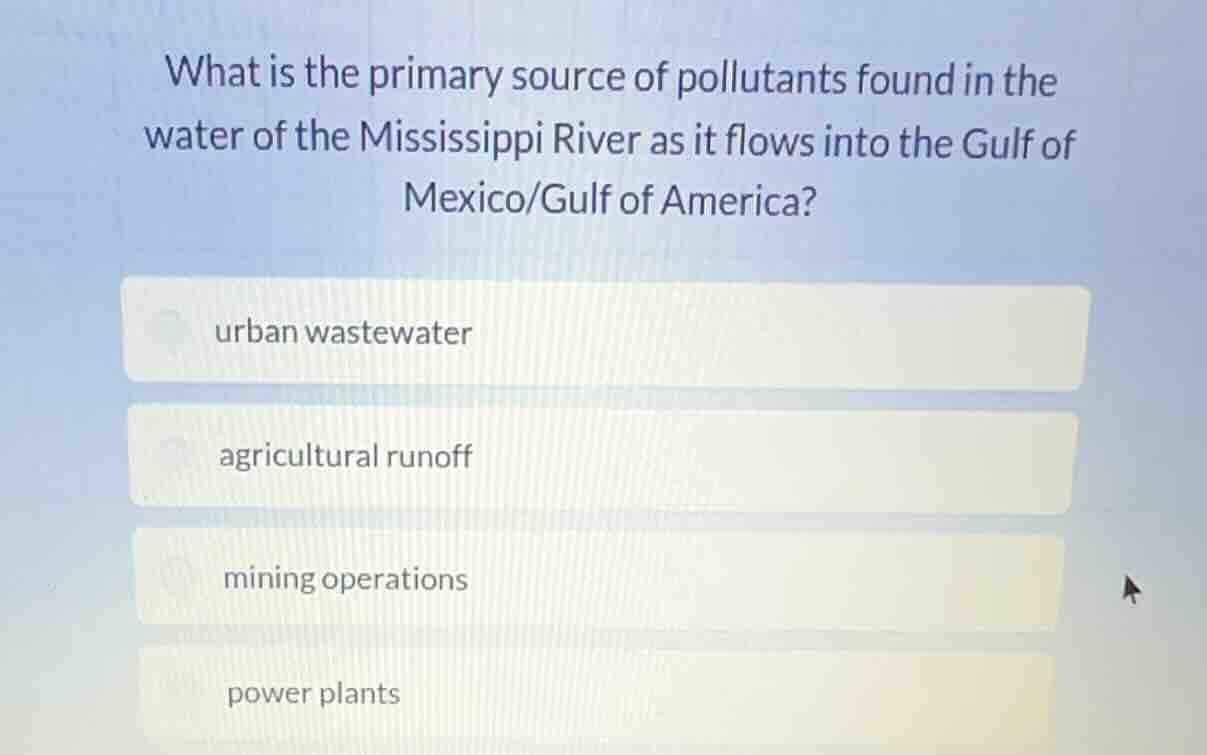 what is the primary source of pollutants found in the water of the miss…