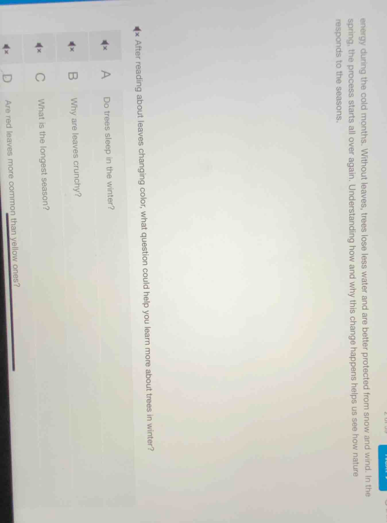 after reading about leaves changing color, what question could help you…