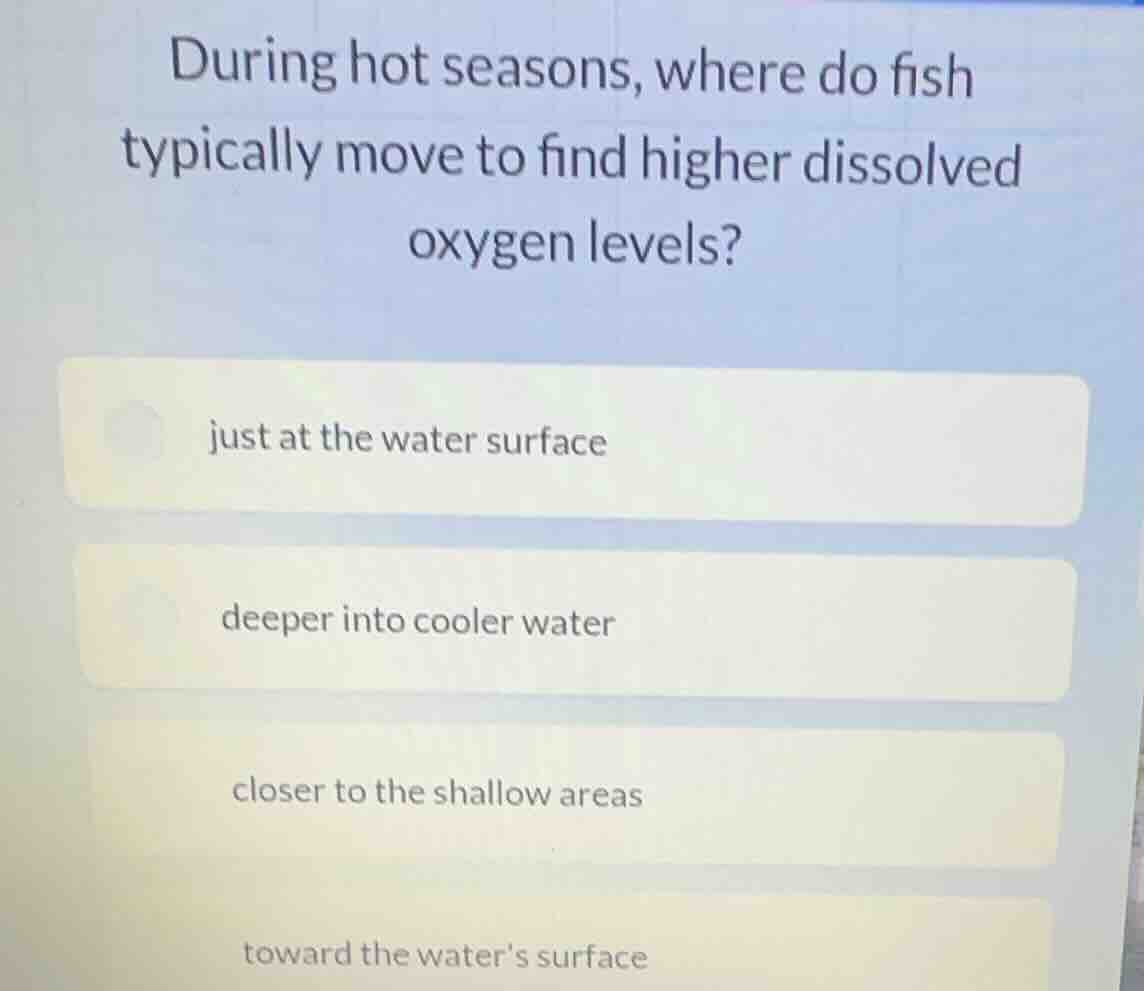 during hot seasons, where do fish typically move to find higher dissolv…