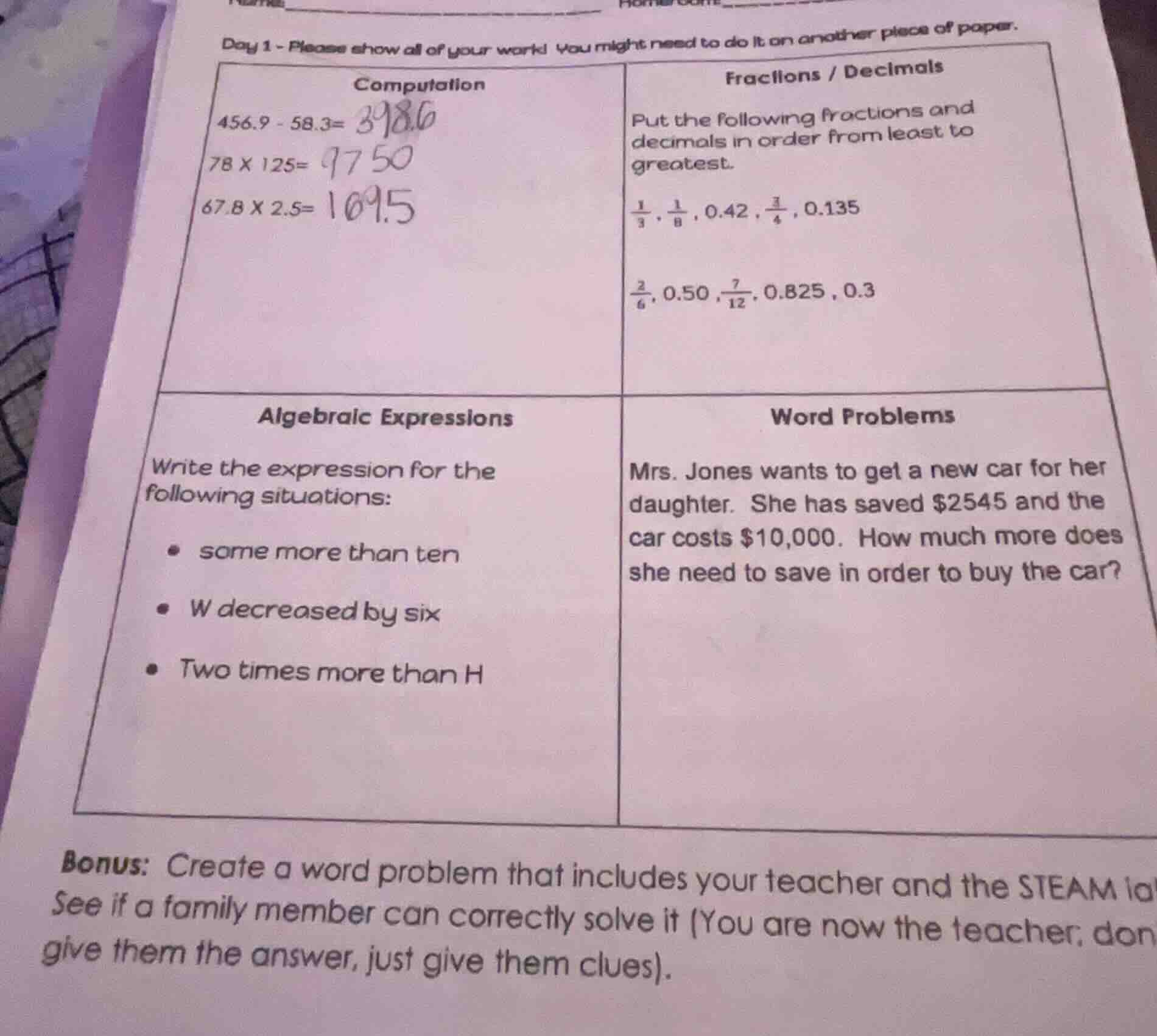 day 1 - please show all of your work! you might need to do it on anothe…