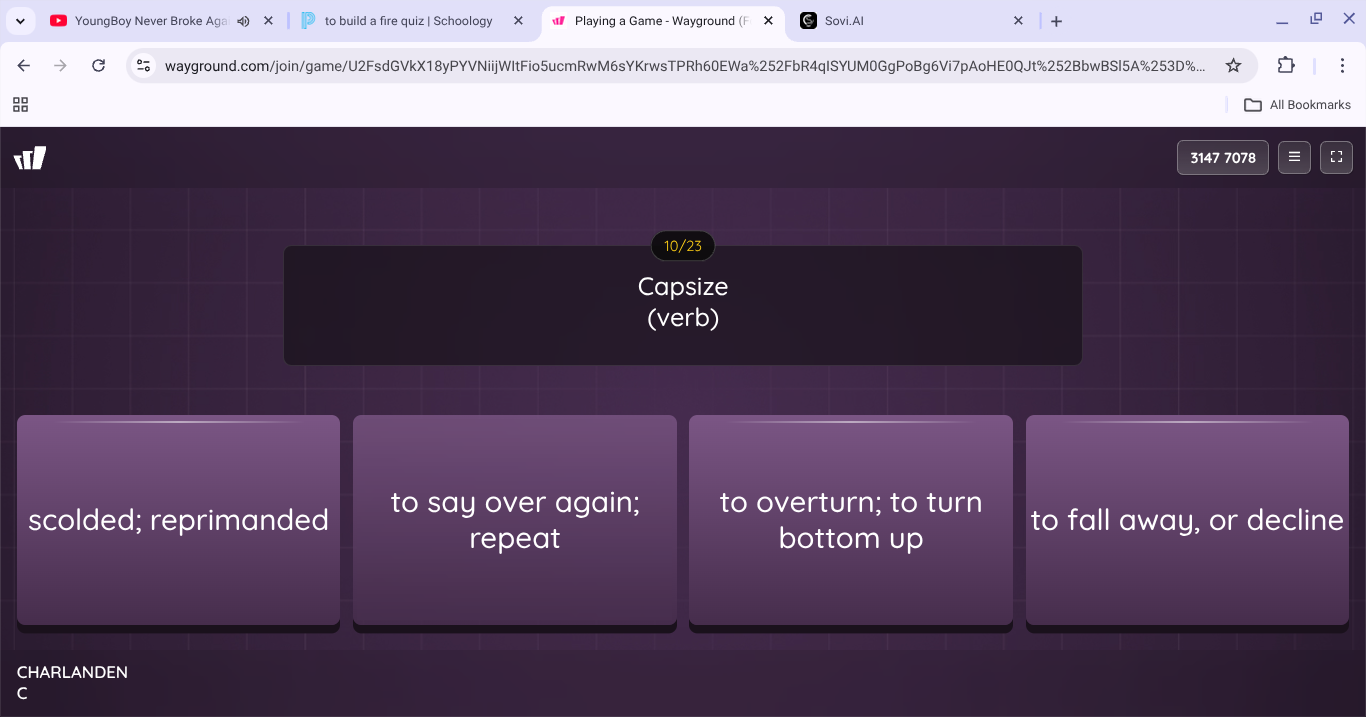 capsize (verb) scolded; reprimanded to say over again; repeat to overtu…