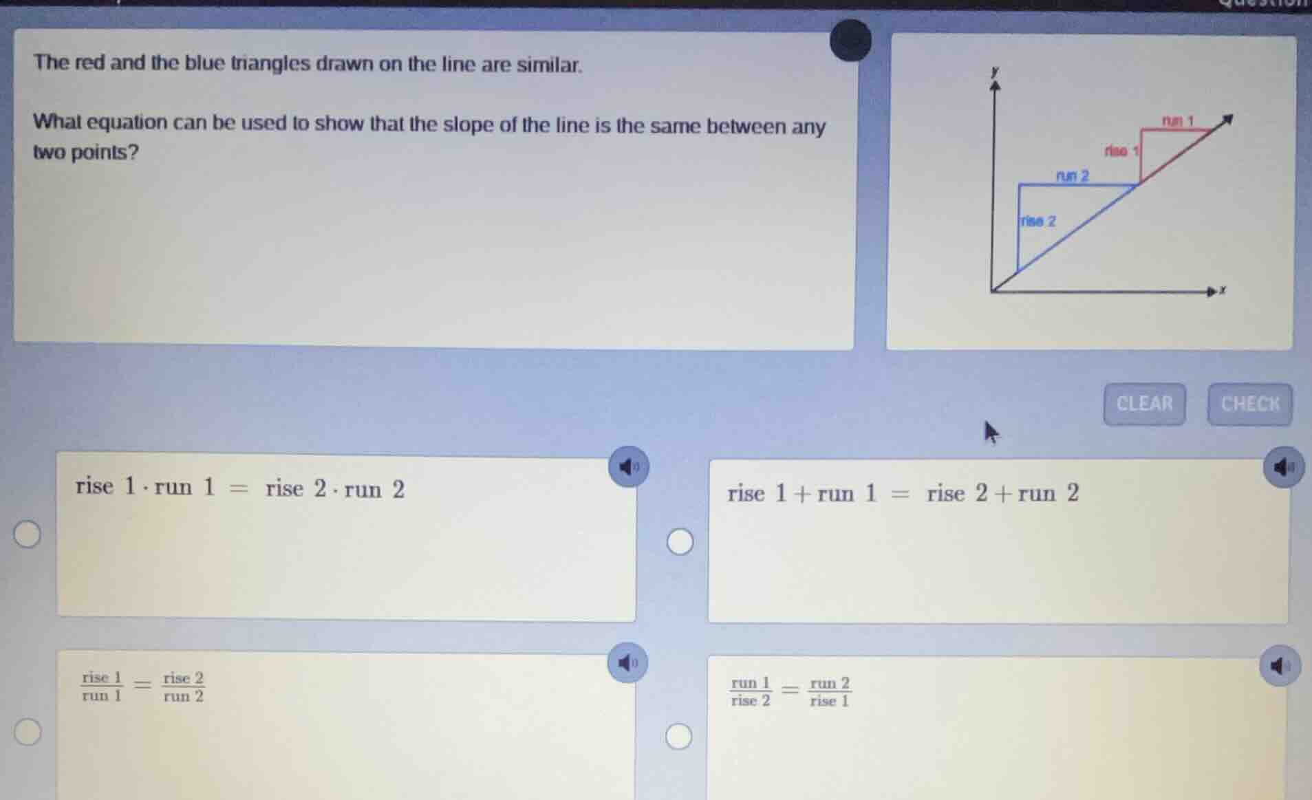 the red and the blue triangles drawn on the line are similar. what equa…