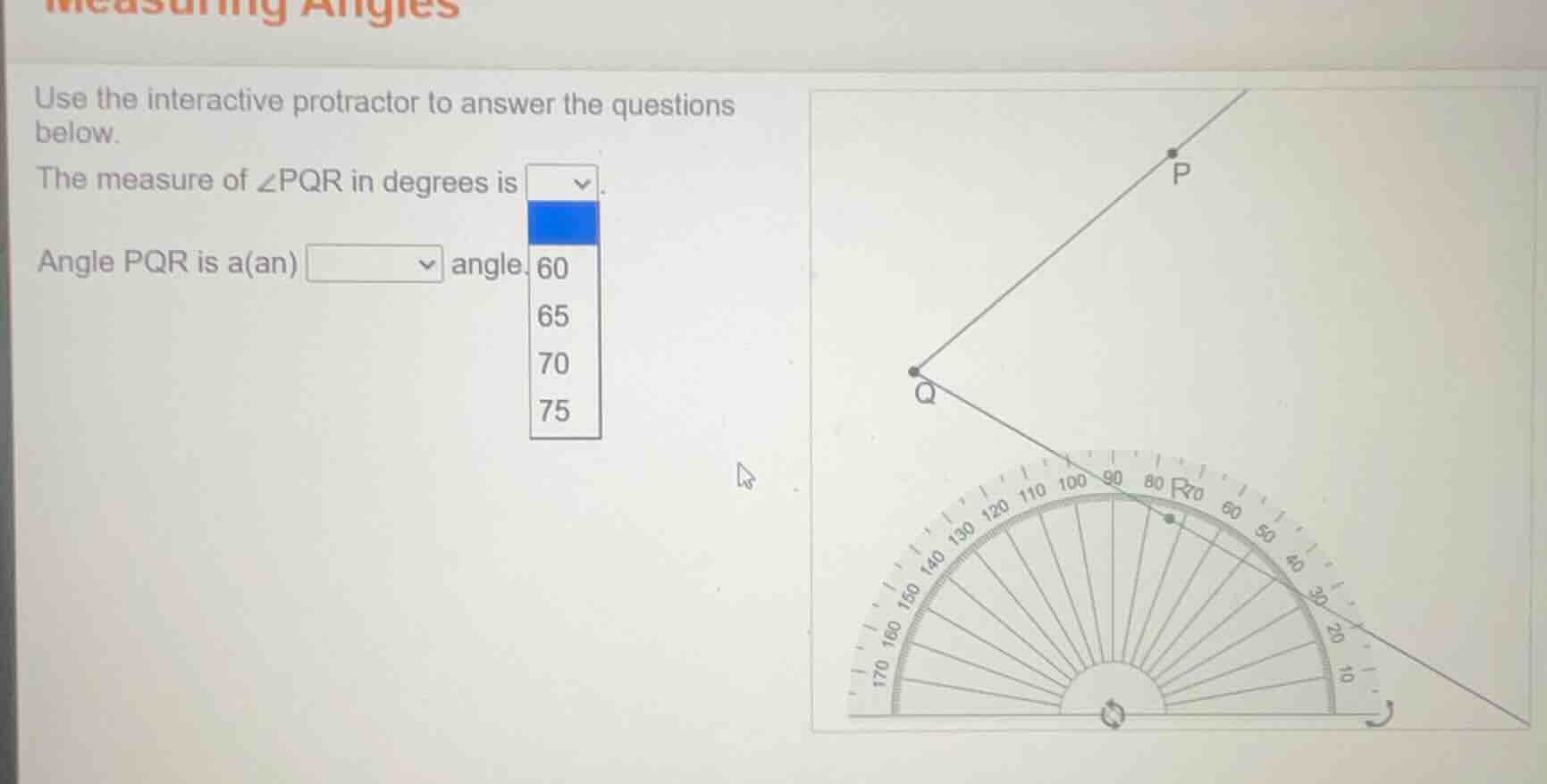 measuring angles use the interactive protractor to answer the questions…
