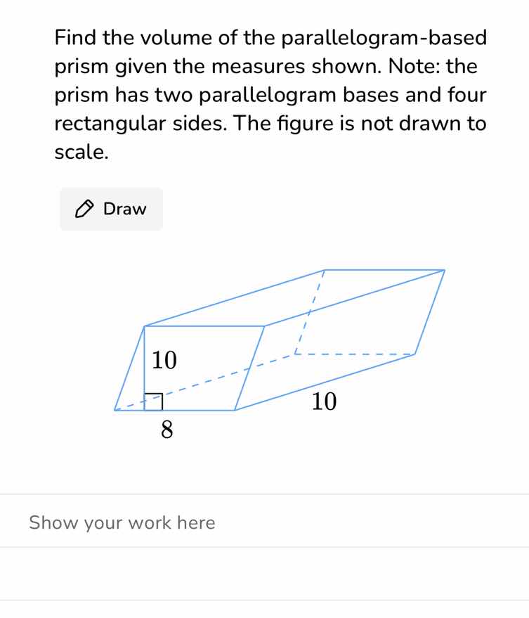 find the volume of the parallelogram - based prism given the measures s…
