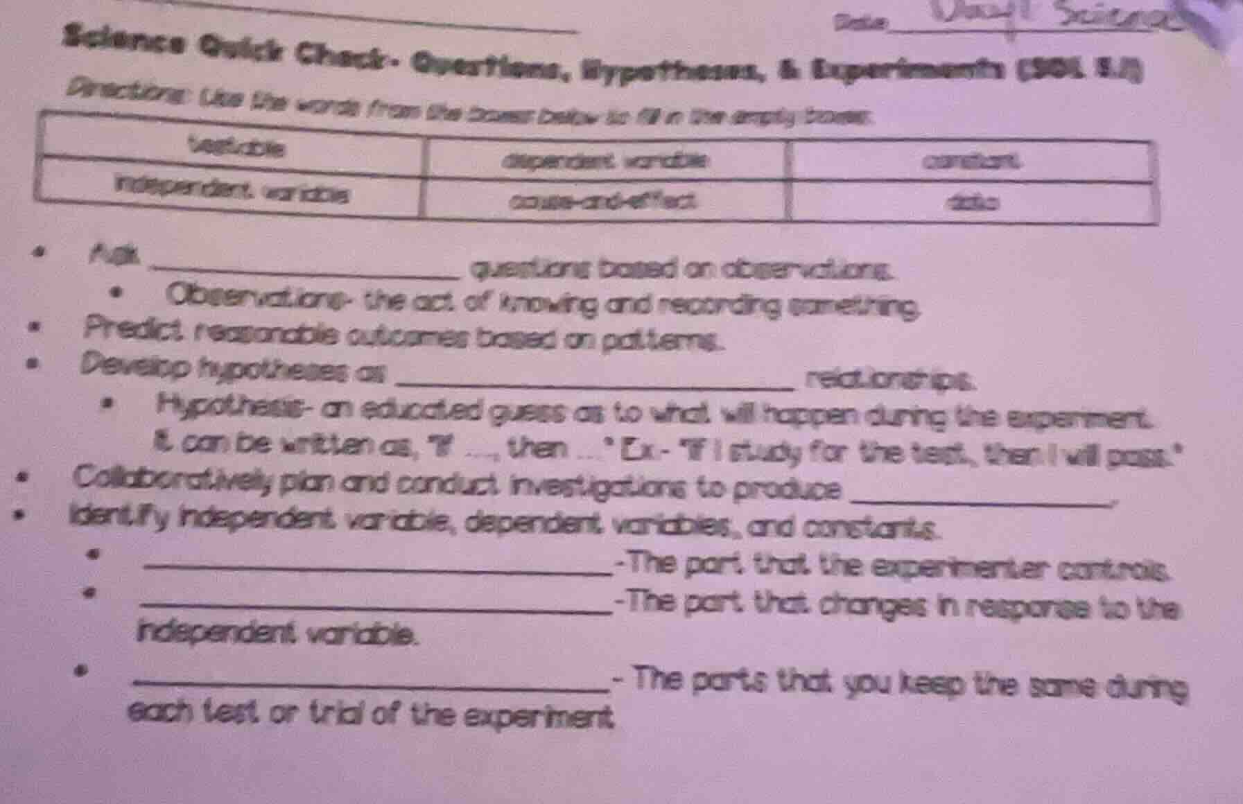 science quick check - questions, hypotheses, & experiments (sol 5.1) di…