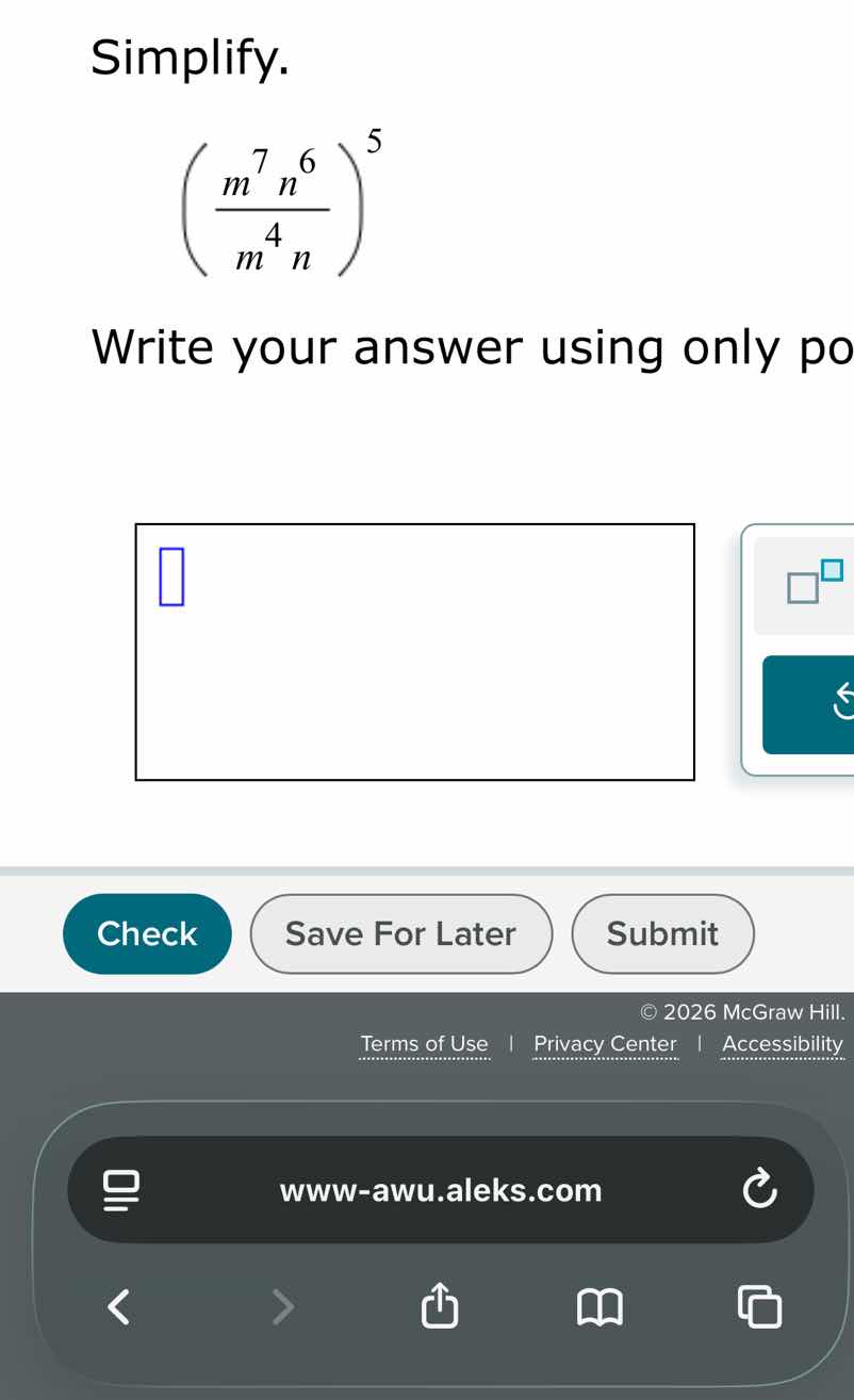 simplify. \\(\\left(\\frac{m^{7}n^{6}}{m^{4}n}\ ight)^{5}\\) write your…