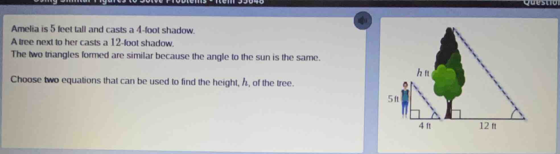 amelia is 5 feet tall and casts a 4 - foot shadow. a tree next to her c…