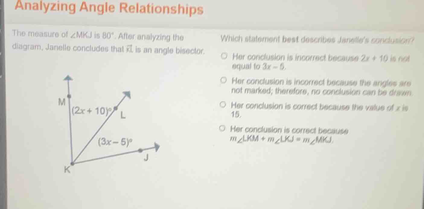 analyzing angle relationships the measure of $\\angle mkj$ is $80^\\cir…
