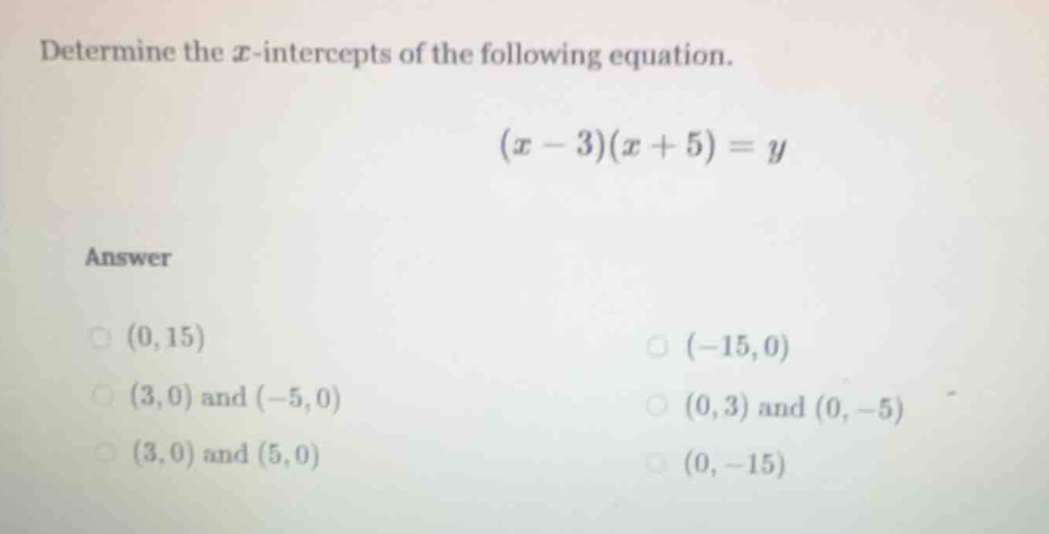 determine the ( x )-intercepts of the following equation. ( (x - 3)(x +…
