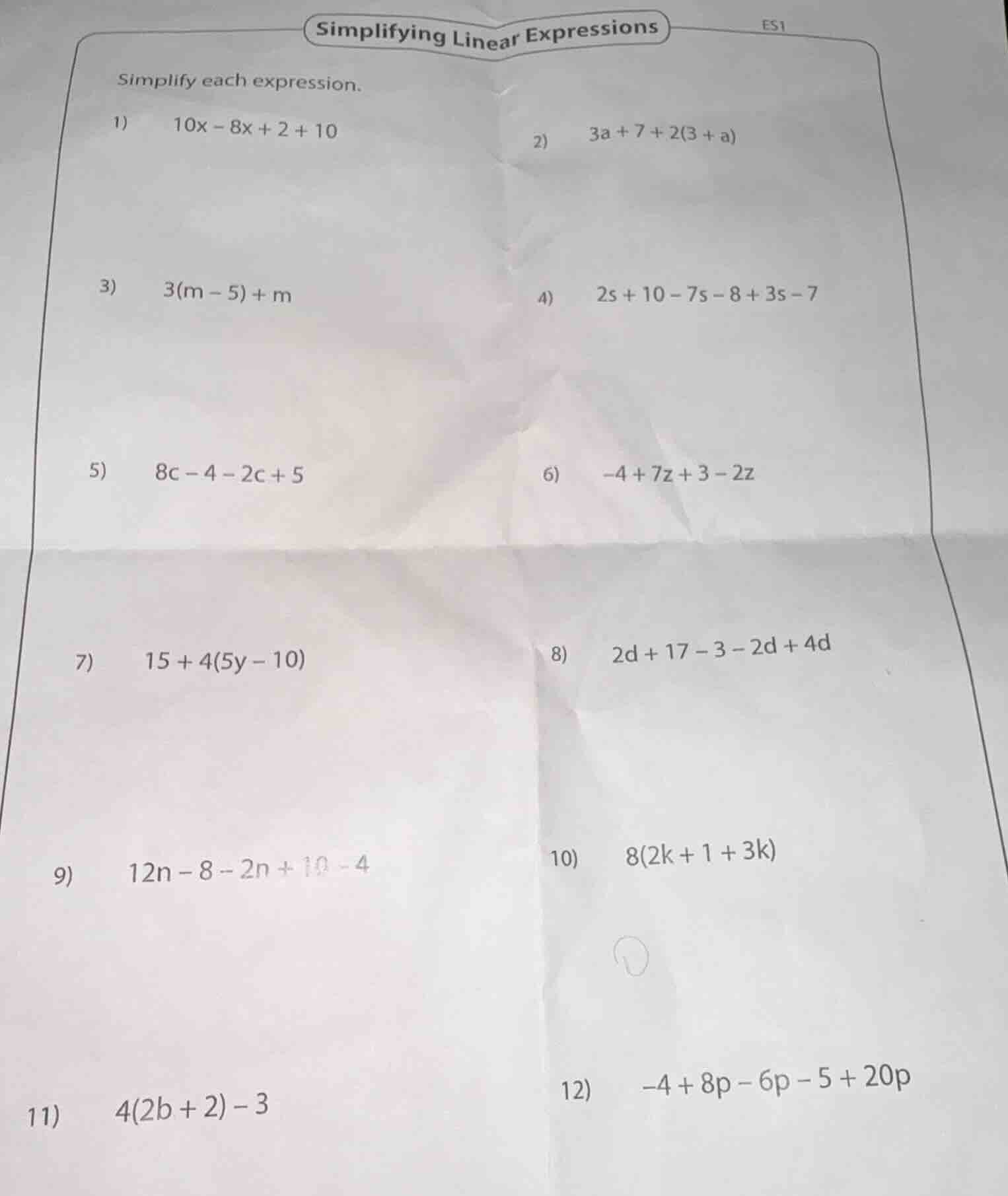simplifying linear expressions simplify each expression. 1) 10x - 8x + …