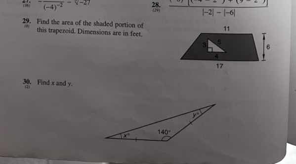 29. find the area of the shaded portion of this trapezoid. dimensions a…