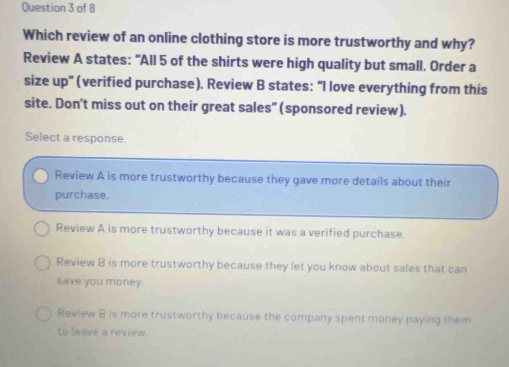 question 3 of 8 which review of an online clothing store is more trustw…