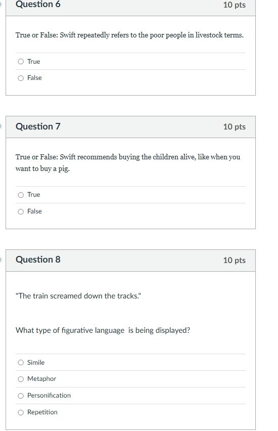 question 6 true or false: swift repeatedly refers to the poor people in…