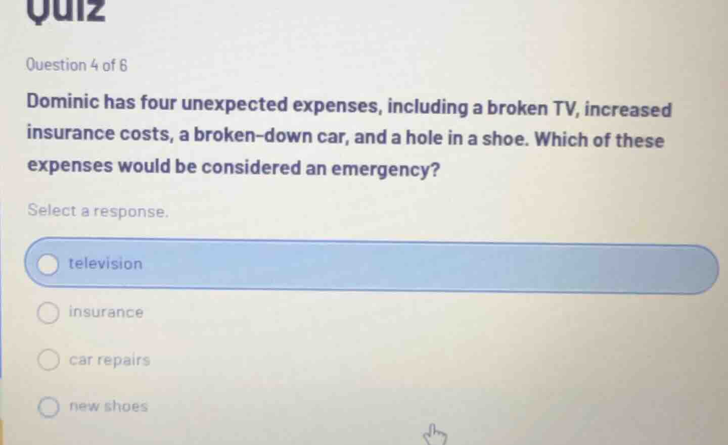 question 4 of 6 dominic has four unexpected expenses, including a broke…