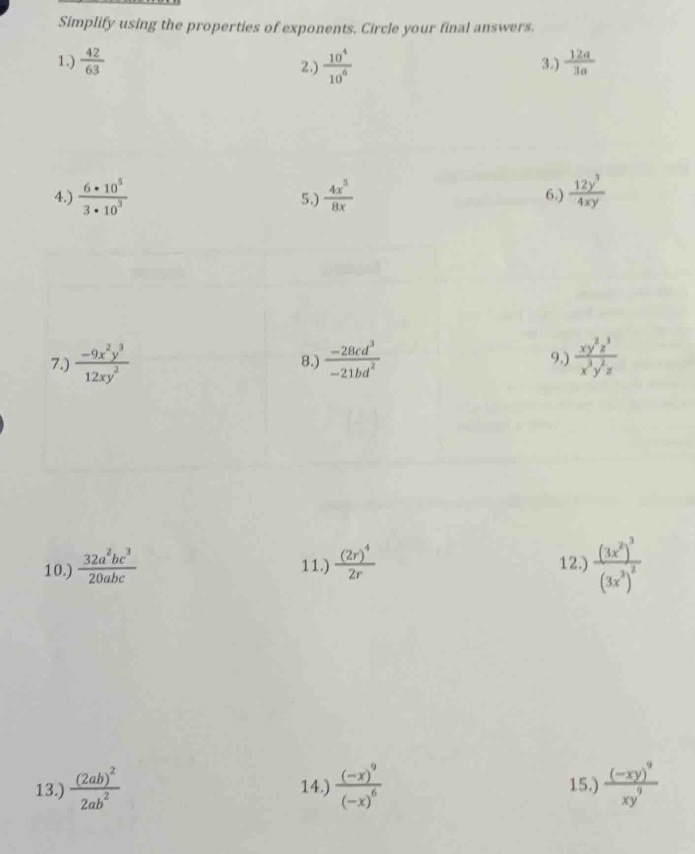simplify using the properties of exponents. circle your final answers. …