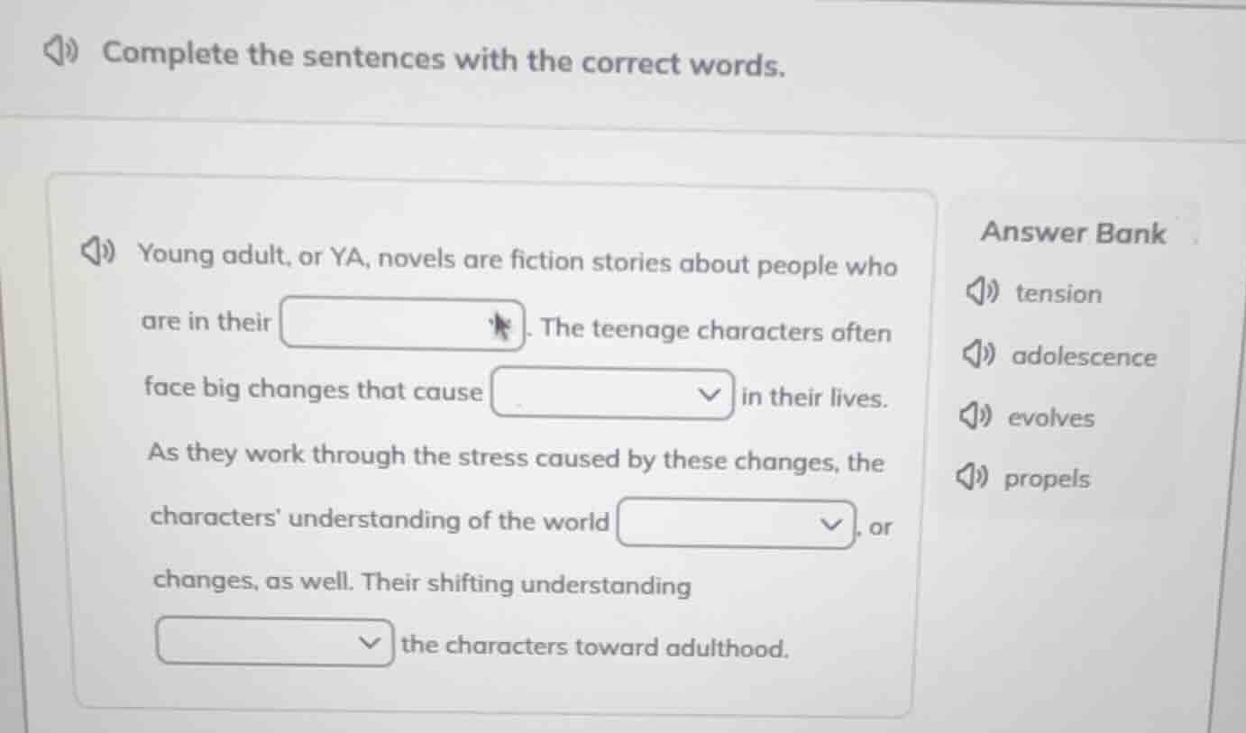 complete the sentences with the correct words. young adult, or ya, nove…