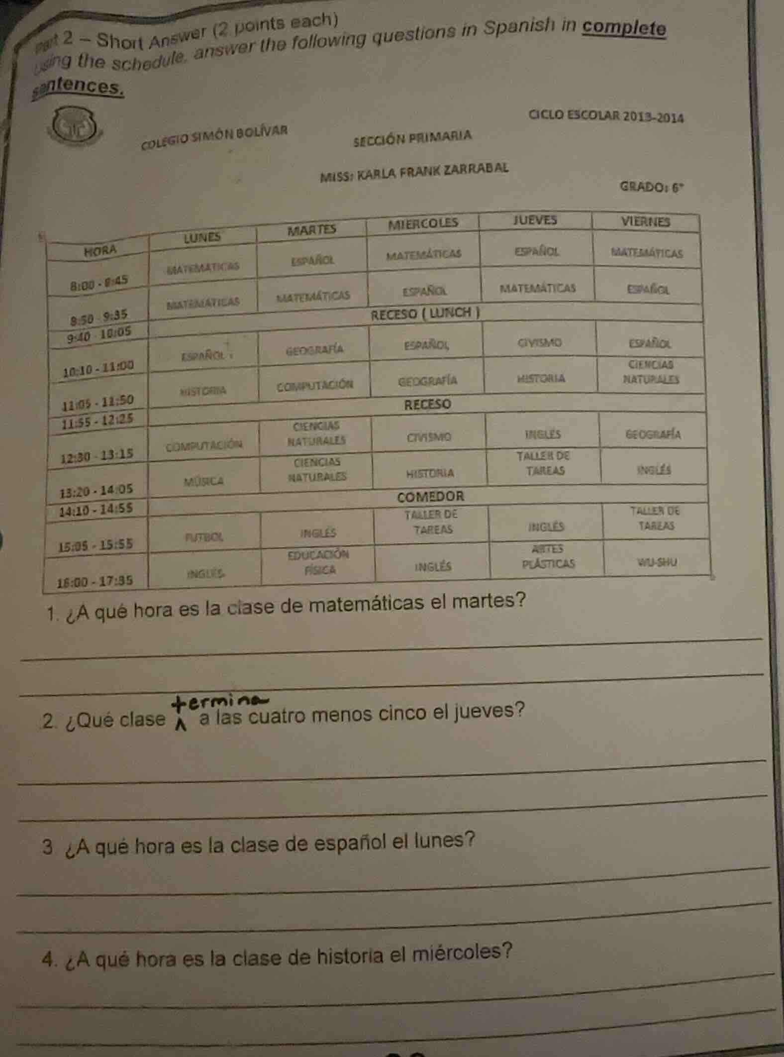 part 2 - short answer (2 points each) using the schedule, answer the fo…