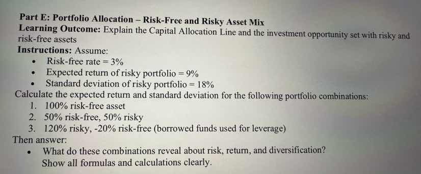 part e: portfolio allocation – risk-free and risky asset mix learning o…