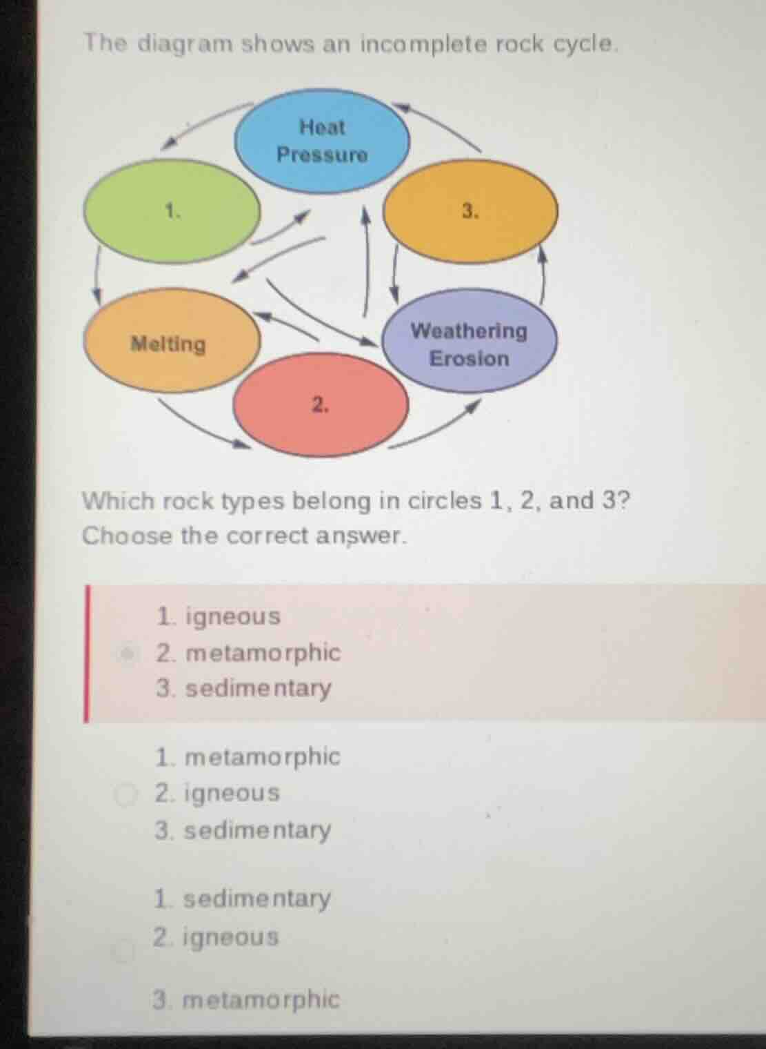 the diagram shows an incomplete rock cycle. which rock types belong in …