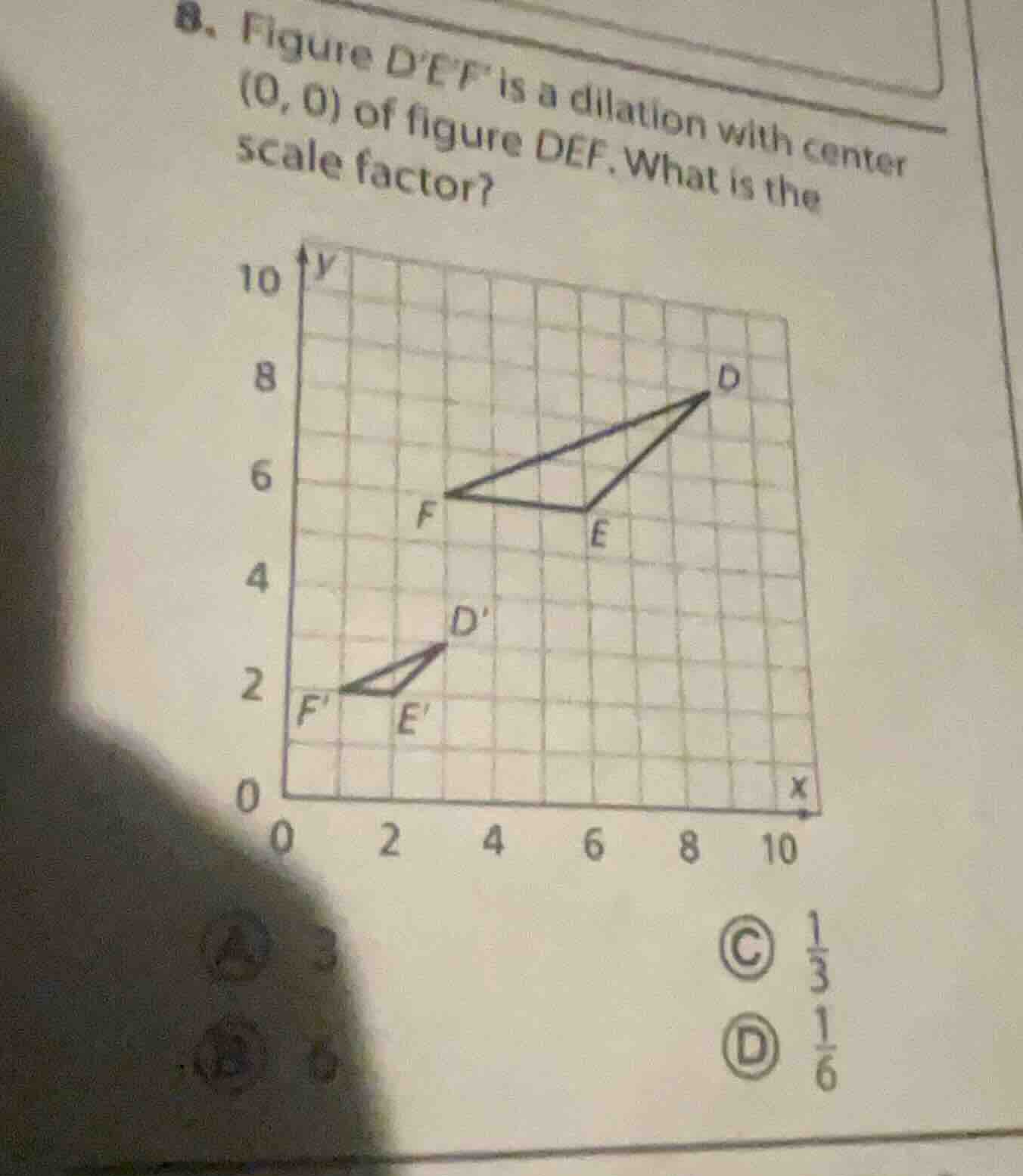 8. figure def is a dilation with center (0, 0) of figure def. what is t…