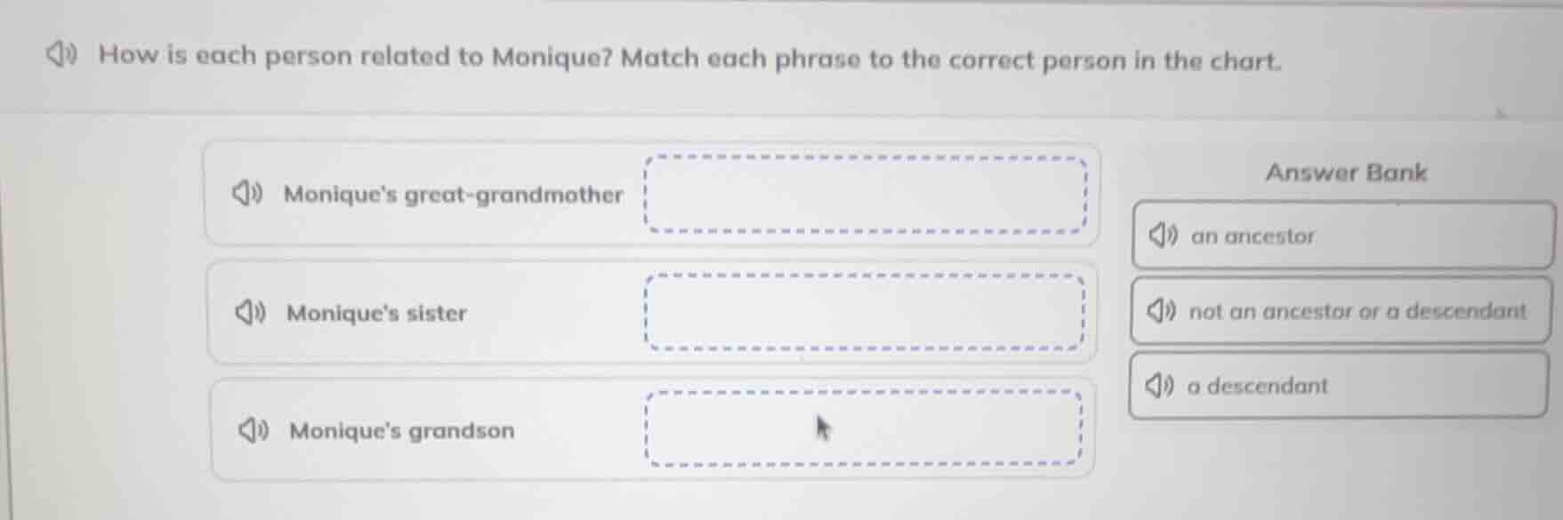 how is each person related to monique? match each phrase to the correct…