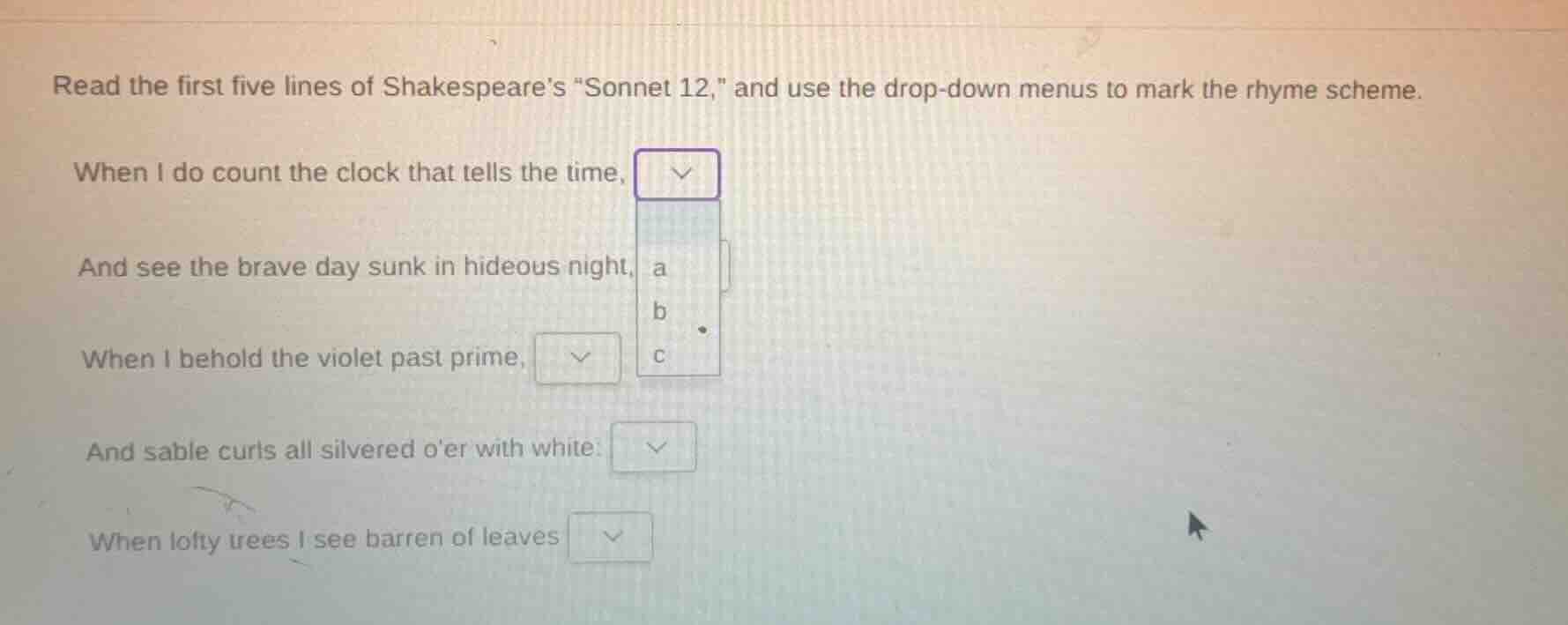 read the first five lines of shakespeare’s “sonnet 12,” and use the dro…