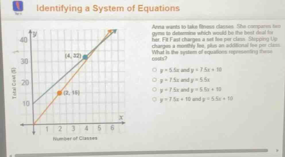 identifying a system of equations anna wants to take fitness classes. s…