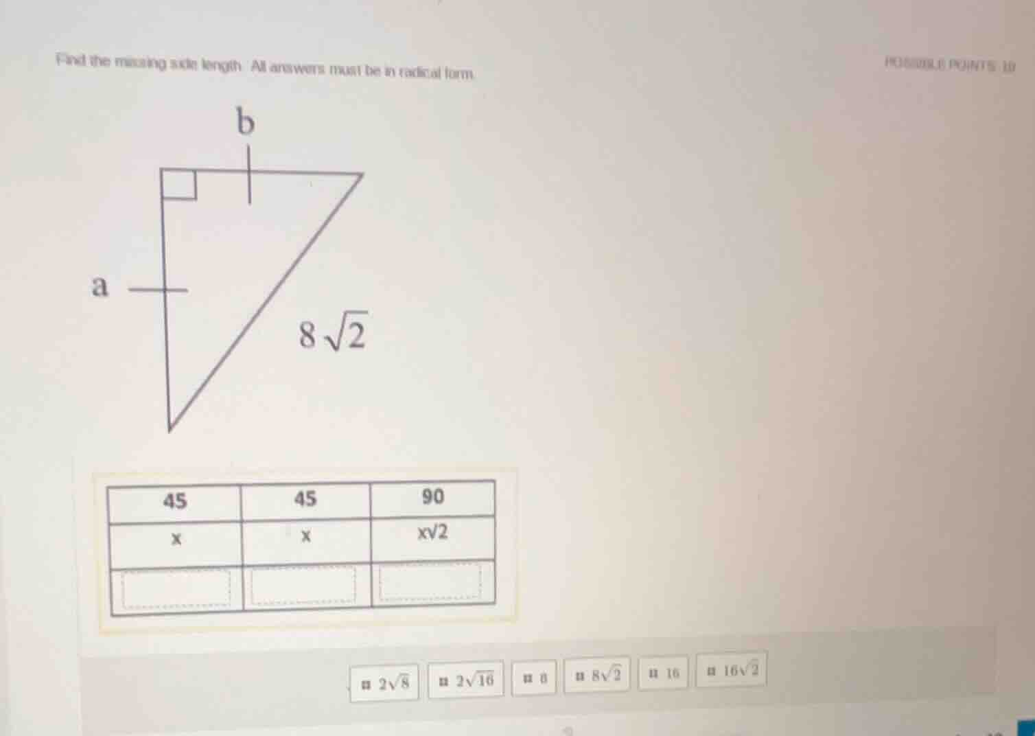 find the missing side length. all answers must be in radical form. poss…