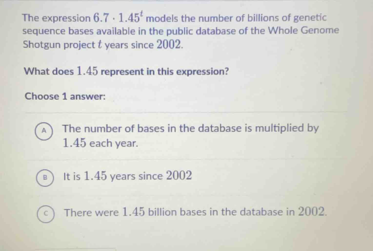 the expression $6.7 \\cdot 1.45^t$ models the number of billions of gen…