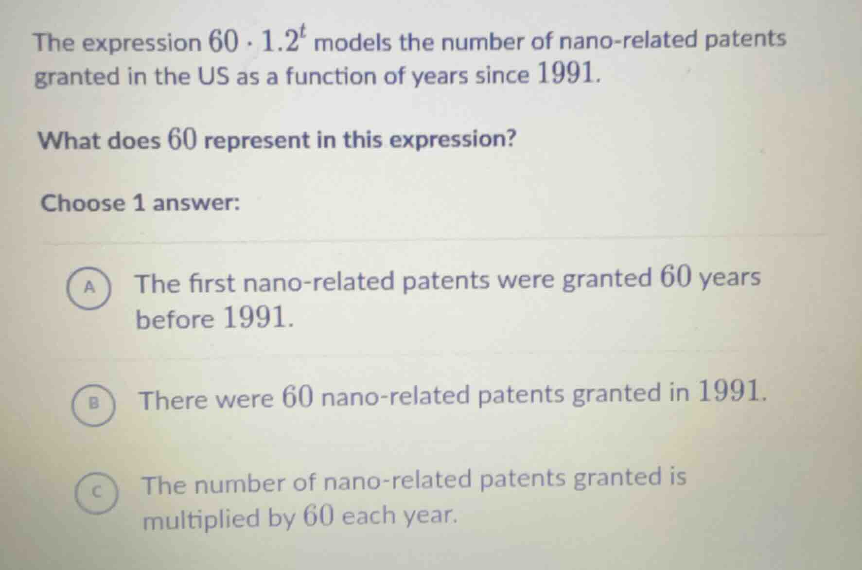 the expression $60cdot1.2^t$ models the number of nano - related patent…