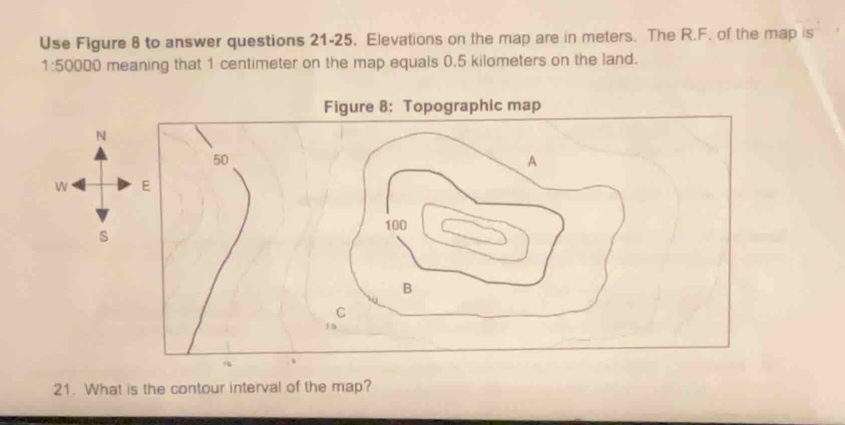 use figure 8 to answer questions 21-25. elevations on the map are in me…