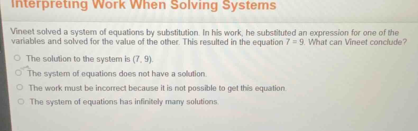 interpreting work when solving systems vineet solved a system of equati…