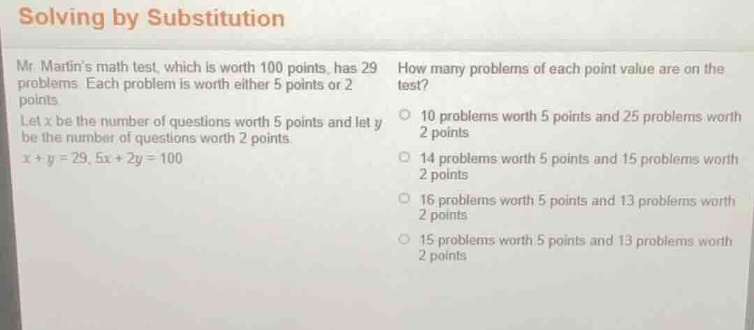 solving by substitution mr. martin’s math test, which is worth 100 poin…