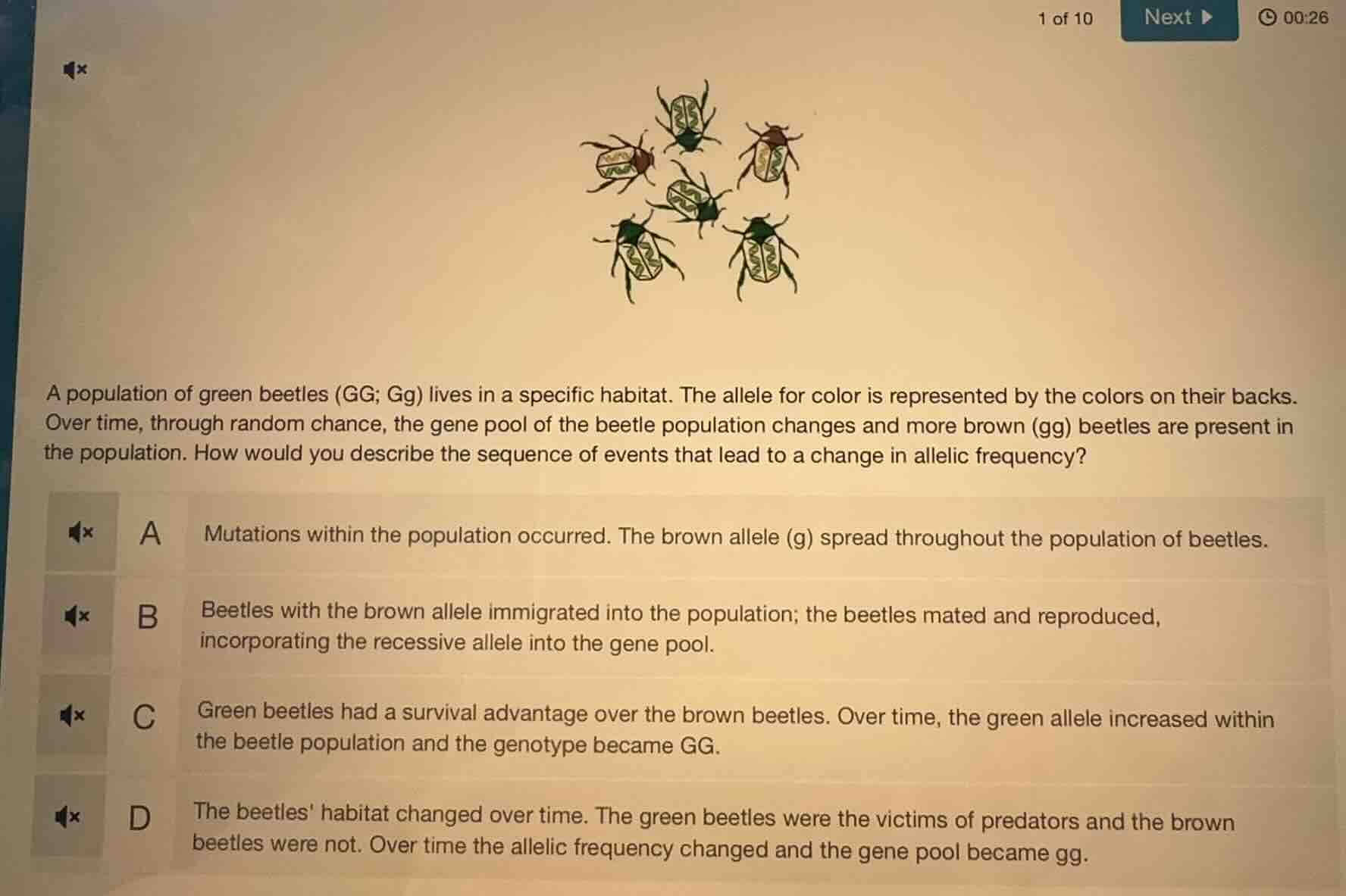 a population of green beetles (gg; gg) lives in a specific habitat. the…