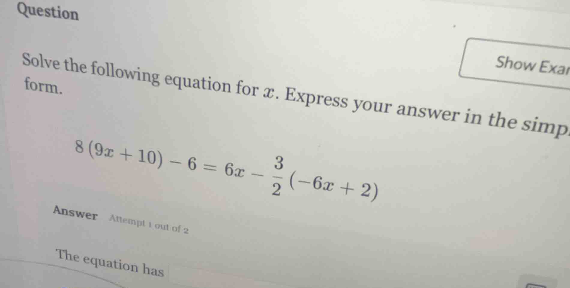 question solve the following equation for ( x ). express your answer in…