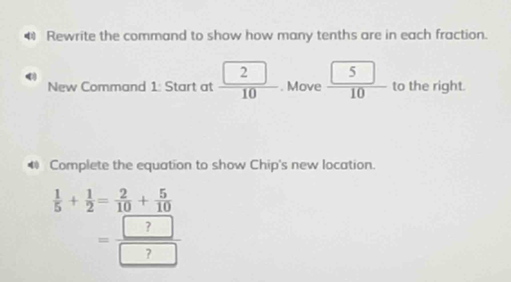 rewrite the command to show how many tenths are in each fraction. new c…