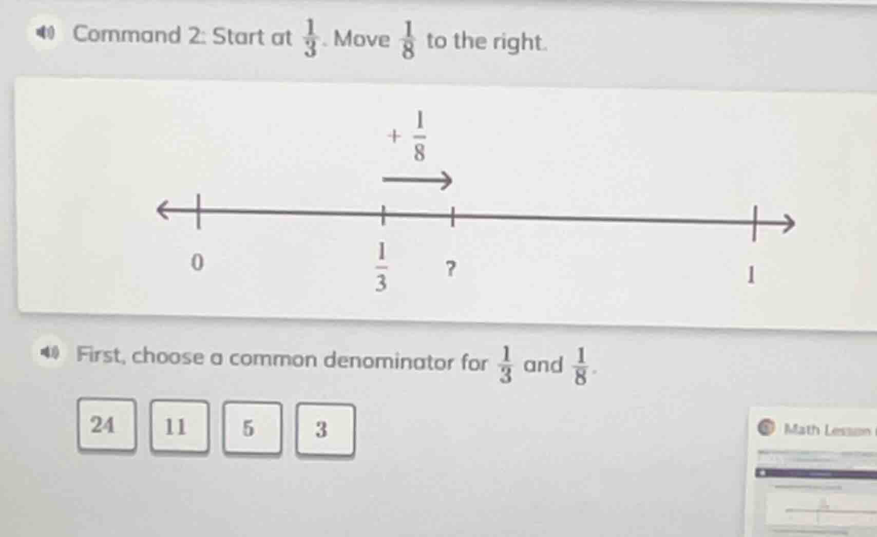 command 2: start at \\(\\frac{1}{3}\\). move \\(\\frac{1}{8}\\) to the …