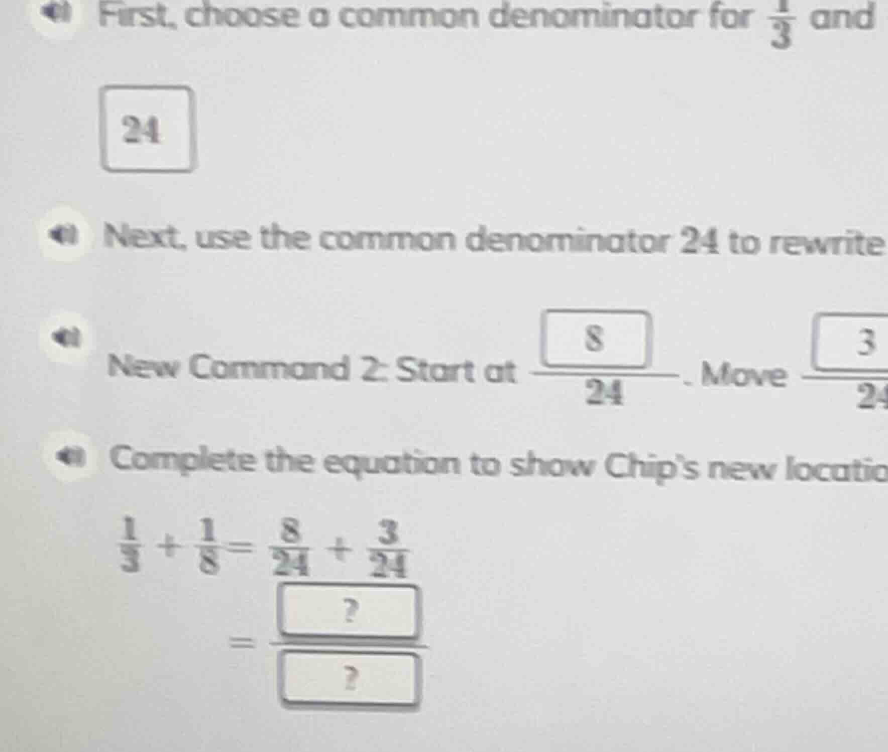 first, choose a common denominator for \\(\\frac{1}{3}\\) and 24 next, …