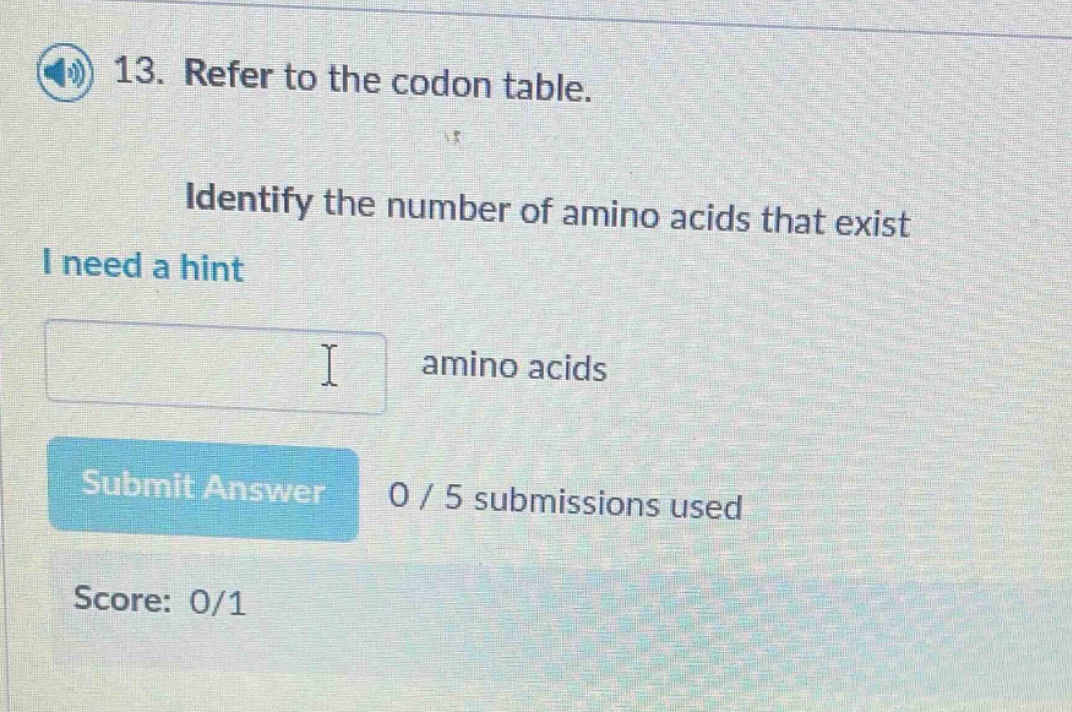 13. refer to the codon table. identify the number of amino acids that e…