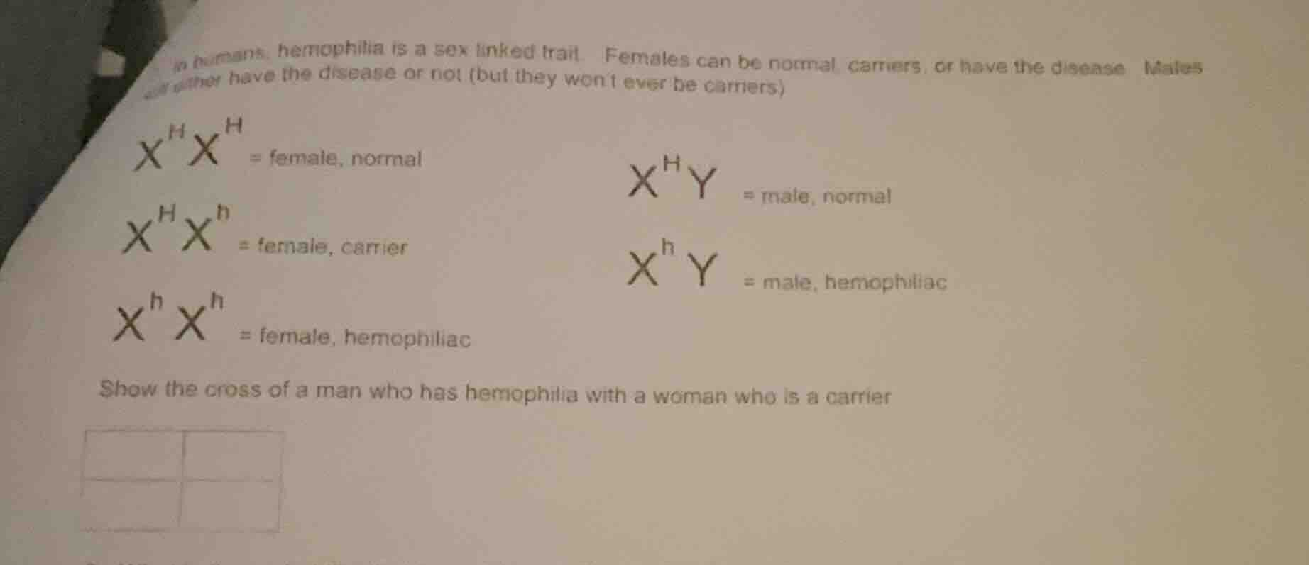 in humans, hemophilia is a sex linked trait. females can be normal, car…