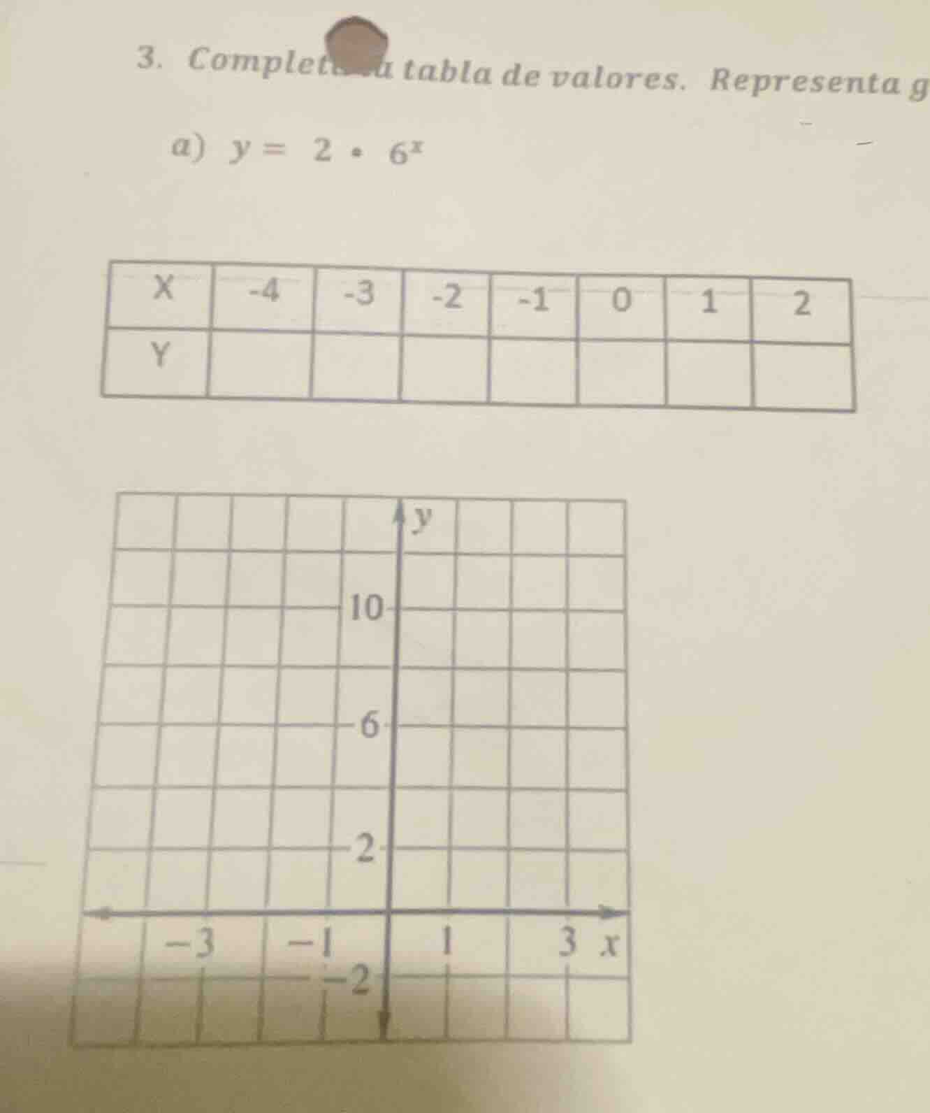 3. completa la tabla de valores. representa g a) $y = 2 \\cdot 6^x$ | x…